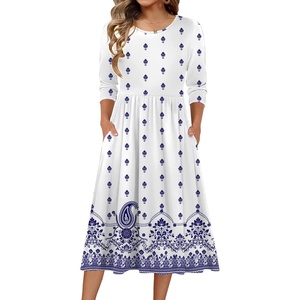 image:imageZeagoo 34 Sleeve Womens Dress Casual Flowy ALine Midi Tshirt Dresses with Pockets Crewneck Vocation Boho Beach SundressWhite Ethnic Print