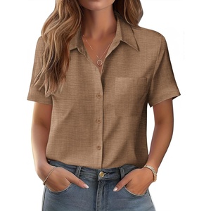 image:imageZeagoo Womens Button Down Shirt Bust Pocket Short Sleeve Blouses Business Casual Work Tops Summer OutfitsTan