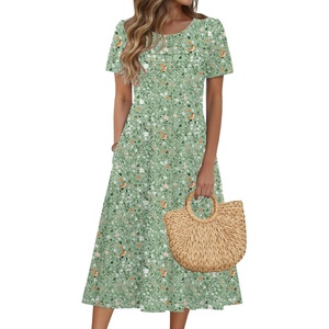 image:imageZeagoo Womens Casual Dresses for Summer Short Sleeve Flare Midi Dress Loose Beach Sundress Pleated Front Dress with PocketsGreen Xh534