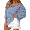 image:imageZeagoo Womens Summer Crochet Off the Shoulder Hollow Out Knit Tops 2026 V Neck 34 Sleeve Sweater TopLight Blue