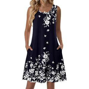 image:imageZeagoo Summer Dresses for Women 2026 Sleeveless Casual Floral Tshirt Sundress with Pockets Loose Tank Beach DressNavy Blue Floral