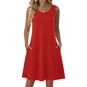 image:imageZeagoo Summer Dresses for Women 2026 Sleeveless Casual Floral Tshirt Sundress with Pockets Loose Tank Beach DressRed