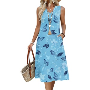 image:imageZeagoo Sundresses Dresses for Women 2026 Summer Sleeveless V Neck Casual Midi Tank Beach Vacation Dresses with PocketsBlue Leaf White