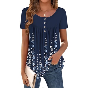 image:imageZeagoo Women Tunic Tops Dressy Casual Summer Short Sleeve Shirts Floral Loose Fit Pleated Boho Top SXXLSf119 Navy Blue Flowers