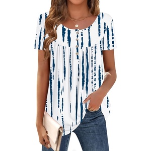 image:imageZeagoo Women Tunic Tops Dressy Casual Summer Short Sleeve Shirts Floral Loose Fit Pleated Boho Top SXXLZr229 White Blue