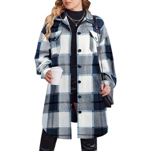 image:imageZeagoo Womens Plus Size Flannel Plaid Button Down Shirts Long Sleeve Lounge Lapel Tartan Shacket Jacket Long Coats 2024Navy Blue