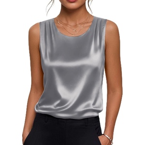 image:imageZeagoo Womens Satin Tank Top Pleated Shoulder Sleeveless Blouse Round Neck Dressy Business Casual Work Office Summer TopGray