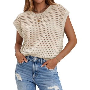 image:imageZeagoo Womens Spring Summer Crochet Tops Cap Sleeve Sweater Vest Hollow Out Pullover Shirts Beach Vacation ClothesApricot
