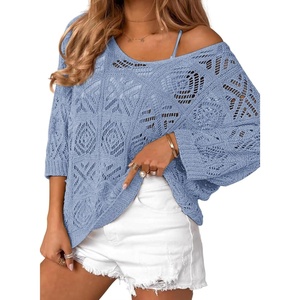 image:imageZeagoo Womens Summer Crochet Off the Shoulder Hollow Out Knit Tops 2026 V Neck 34 Sleeve Sweater TopLight Blue