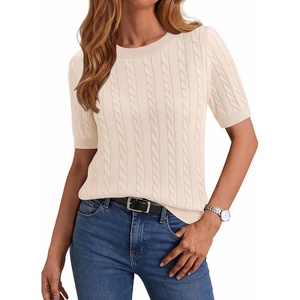 image:imageZeagoo Cable Short Sleeve Sweaters for Women Summer Spring Cute Tops 2026 Trendy Business Causal Outfits Work Blouses ClothesApricot