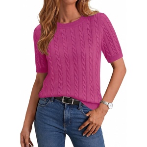 image:imageZeagoo Cable Short Sleeve Sweaters for Women Summer Spring Cute Tops 2026 Trendy Business Causal Outfits Work Blouses ClothesRose Red