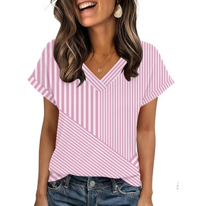 image:imageZeagoo Womens Summer Tops Rolled Short Sleeve V Neck Shirts Casual Dressy Business Work Blouses OutfitsPink Stripestz300