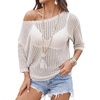 image:imageZeagoo Womens Summer Tops Crochet Sweaters Resort Wear 34 Sleeve Hollow Out Knit Tops 2026 Beach CoverupBeige