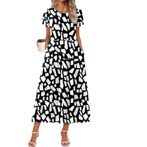 image:imageZeagoo Summer Dresses for Women 2026 Maxi Bohemian Floral Short Sleeve Long Dress Casual Flowy Tired Beach SundressBlackWhite