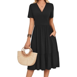 image:imageZeagoo Womens Summer Casual Dresses Short Sleeve Midi Warp VNeck Floral Dress with Pockets Tiered Flowy A Line SundressBlack