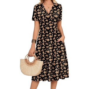 image:imageZeagoo Womens Summer Casual Dresses Short Sleeve Midi Warp VNeck Floral Dress with Pockets Tiered Flowy A Line SundressBlack Orange Floral
