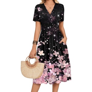 image:imageZeagoo Womens Summer Casual Dresses Short Sleeve Midi Warp VNeck Floral Dress with Pockets Tiered Flowy A Line SundressBlack Pink Floral