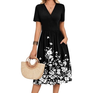 image:imageZeagoo Womens Summer Casual Dresses Short Sleeve Midi Warp VNeck Floral Dress with Pockets Tiered Flowy A Line SundressBlack White Floral