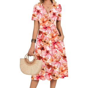image:imageZeagoo Womens Summer Casual Dresses Short Sleeve Midi Warp VNeck Floral Dress with Pockets Tiered Flowy A Line SundressPink Floral