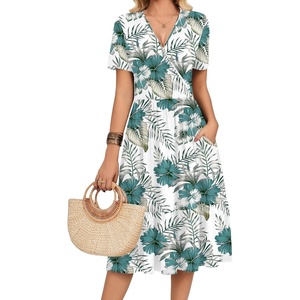 image:imageZeagoo Womens Summer Casual Dresses Short Sleeve Midi Warp VNeck Floral Dress with Pockets Tiered Flowy A Line SundressWhite Green Leaf