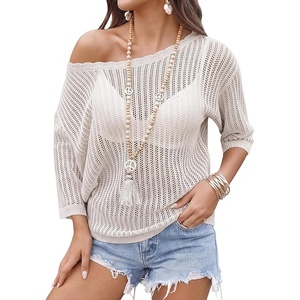 image:imageZeagoo Womens Summer Tops Crochet Sweaters Resort Wear 34 Sleeve Hollow Out Knit Tops 2026 Beach CoverupBeige