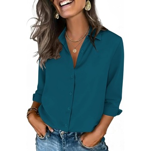 image:imageZeagoo Button Down Shirts for Women 34 Sleeve Tops V Neck Collared Blouses Business Casual OutfitsTeal Blue
