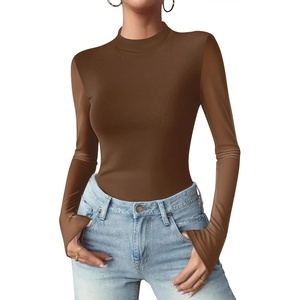 image:imageZeagoo Womens Floral Mesh Long Sleeve Tops See Through Going Out Blouses Mock Neck Sheer Party Outfits Shirts SXXLBrown