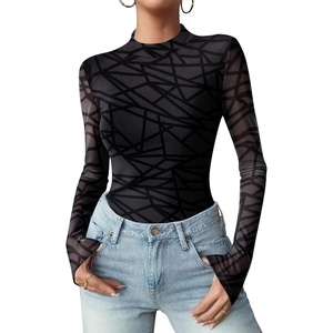 image:imageZeagoo Womens Floral Mesh Long Sleeve Tops See Through Going Out Blouses Mock Neck Sheer Party Outfits Shirts SXXLJh88