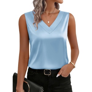 image:imageZeagoo Womens Silk Satin Tank Tops V Neck Casual Camisoles Sleeveless Business Work Blouses Dressy Summer ShirtsLight Blue