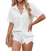 image:imageZeagoo Women Button Down Shirt Cotton Linen Blend Short Sleeve V Neck Blouse Dressy Casual Summer Tops Beach Vacation OutfitsAwhite