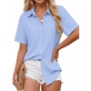 image:imageZeagoo Women Button Down Shirt Cotton Linen Blend Short Sleeve V Neck Blouse Dressy Casual Summer Tops Beach Vacation OutfitsBlue