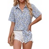image:imageZeagoo Women Button Down Shirt Cotton Linen Blend Short Sleeve V Neck Blouse Dressy Casual Summer Tops Beach Vacation OutfitsBlue Ditsy