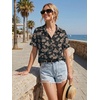 image:imageZeagoo Women Button Down Shirt Cotton Linen Blend Short Sleeve V Neck Blouse Dressy Casual Summer Tops Beach Vacation OutfitsDeep Brown Blossom