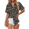 image:imageZeagoo Women Button Down Shirt Cotton Linen Blend Short Sleeve V Neck Blouse Dressy Casual Summer Tops Beach Vacation OutfitsDeep Brown Blossom