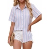 image:imageZeagoo Women Button Down Shirt Cotton Linen Blend Short Sleeve V Neck Blouse Dressy Casual Summer Tops Beach Vacation OutfitsMultistripe
