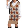 image:imageZeagoo Womens V Neck Sweater Vest Dress Oversized Sleeveless Casual Pullover Sweater Fall Winter Knit Slit Short DressKhaki Diamond