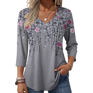 image:imageZeagoo 34 Length Sleeve Womens Tops Casual V Neck Pleated Top Boho Floral Blouses Work ShirtsFloral 36