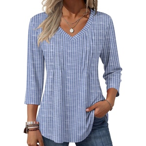image:imageZeagoo 34 Length Sleeve Womens Tops Casual V Neck Pleated Top Boho Floral Blouses Work ShirtsStriped 273