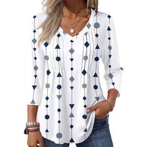 image:imageZeagoo 34 Length Sleeve Womens Tops Casual V Neck Pleated Top Boho Floral Blouses Work ShirtsWhite Striped 599