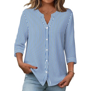 image:imageZeagoo Button Down Shirts for Women 34 Sleeve Linen Cotton V Neck Tops Dressy Casual Loose Work BlousesBlue Stripessa1
