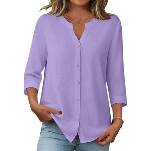 image:imageZeagoo Button Down Shirts for Women 34 Sleeve Linen Cotton V Neck Tops Dressy Casual Loose Work BlousesLavender