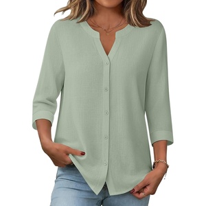 image:imageZeagoo Button Down Shirts for Women 34 Sleeve Linen Cotton V Neck Tops Dressy Casual Loose Work BlousesLight Green