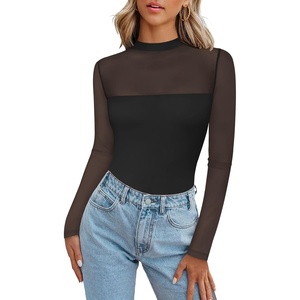 image:imageZeagoo Long Sleeve Shirts for Womens Lace Tops Mesh Sheer Crew Neck Shirts Sexy Spring Going Out BlouseBlackpat1