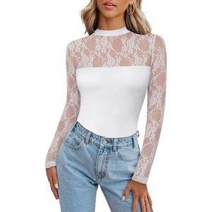 image:imageZeagoo Long Sleeve Shirts for Womens Lace Tops Mesh Sheer Crew Neck Shirts Sexy Spring Going Out BlouseWhite