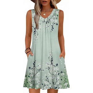 image:imageZeagoo Summer Dresses for Women 2026 Sleeveless Dress V Neck Tank Dress Pleated Floral Tshirt Sundresses with PocketsGreen Floralprinted