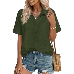 image:imageZeagoo Women Button Down Shirt Cotton Linen Blend Short Sleeve V Neck Blouse Dressy Casual Summer Tops Beach Vacation OutfitsAgreen