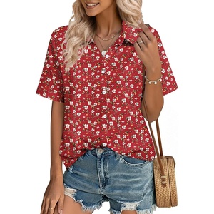 image:imageZeagoo Women Button Down Shirt Cotton Linen Blend Short Sleeve V Neck Blouse Dressy Casual Summer Tops Beach Vacation OutfitsRed Ditsy
