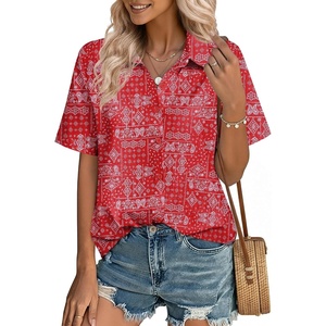 image:imageZeagoo Women Button Down Shirt Cotton Linen Blend Short Sleeve V Neck Blouse Dressy Casual Summer Tops Beach Vacation OutfitsRed Paisley