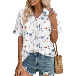 image:imageZeagoo Women Button Down Shirt Cotton Linen Blend Short Sleeve V Neck Blouse Dressy Casual Summer Tops Beach Vacation OutfitsWhite Sprig