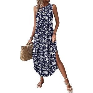 image:imageZeagoo Women Floral Summer Casual Beach Printed Tank Dress with Pockets Pleated Front Long Dress2604 Navy Flower